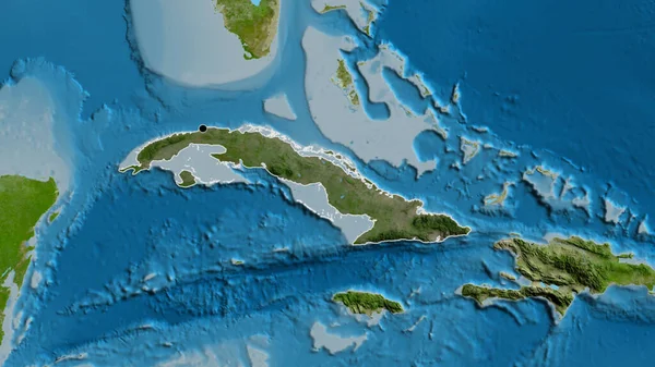 Närbild Kubas Gränsområde Med Mörk Överlagring Satellitkarta Huvudpunkt Skissera Runt — Stockfoto
