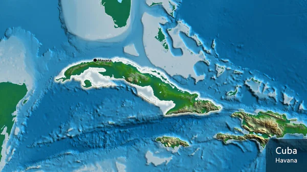 物理的な地図上のキューバ国境地域の閉鎖 資本ポイント 国の形の周りに光る 英名国とその首都 — ストック写真