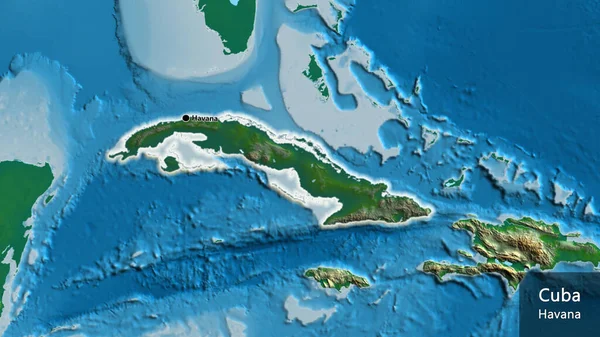 キューバ国境地域のクローズアップは 物理的な地図上の暗いオーバーレイで強調しています 資本ポイント 国の形の周りに光る 英名国とその首都 — ストック写真