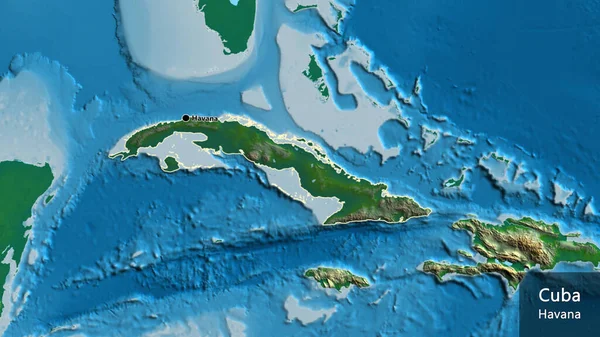 キューバ国境地域のクローズアップは 物理的な地図上の暗いオーバーレイで強調しています 資本ポイント 国の形の周りの概要 英名国とその首都 — ストック写真