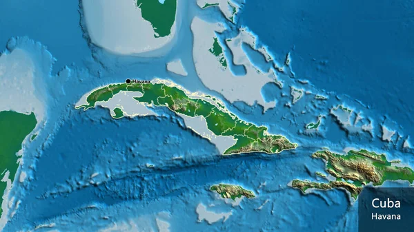 キューバ国境地域とその地域の境界線の物理的な地図上のクローズアップ 資本ポイント 国の形の周りの概要 英名国とその首都 — ストック写真