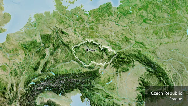 卫星地图上的捷克边境地区特写 资本点 风靡全国各地 国家及其首都的英文名称 — 图库照片