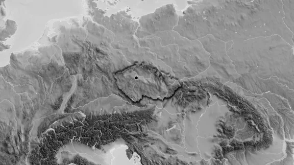 グレースケールの地図上のチェコ国境地域の閉鎖 資本ポイント 国の形の縁が隠されている — ストック写真