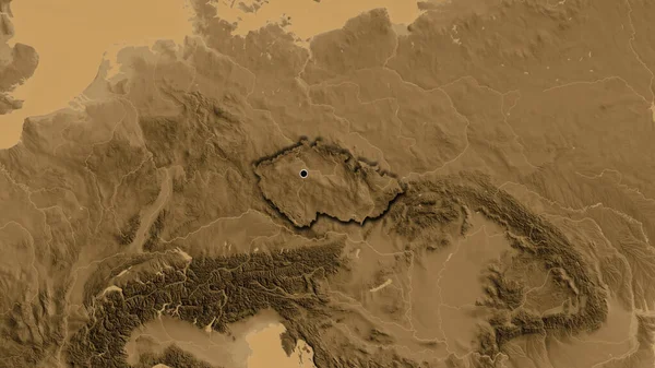 Close Área Fronteira Tchecoslováquia Mapa Elevação Sépia Ponto Capital Bordas — Fotografia de Stock