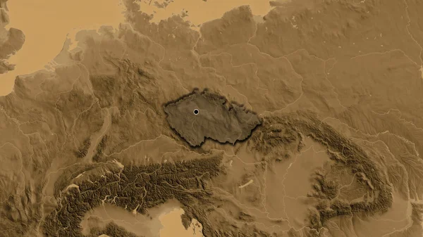 在捷克边境地区的特写镜头下 突出显示了黑色的覆盖在黑色的高程地图上 资本点 国家形状的斜边 — 图库照片