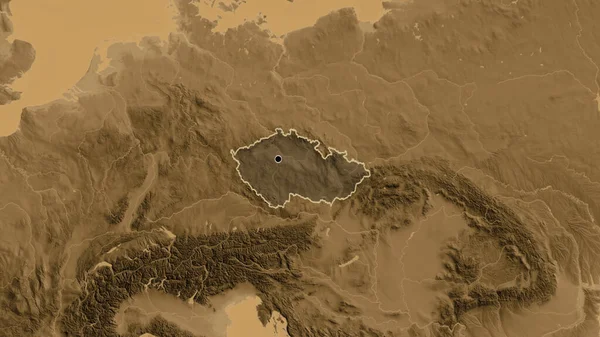 Close Czechia Border Area Highlighting Dark Overlay Sepia Elevation Map — Stock Photo, Image