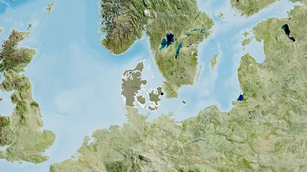 丹麦边境地区的特写镜头 用卫星地图上的黑暗覆盖突出显示 资本点 国家形貌概述 — 图库照片
