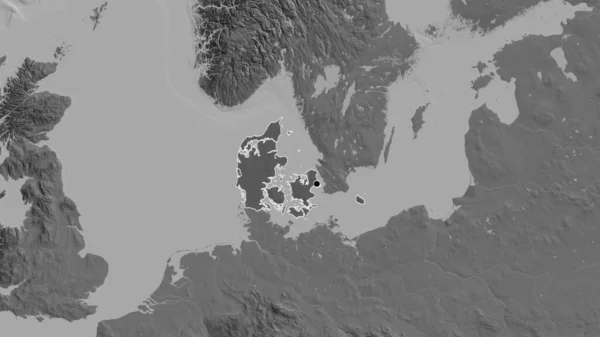 丹麦边境地区的特写镜头 用双层地图上的黑暗阴影突出显示出来 资本点 国家形貌概述 — 图库照片