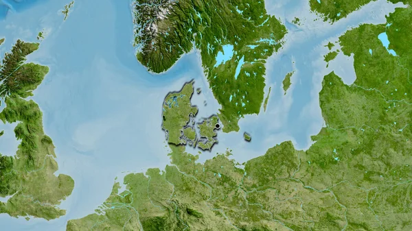 衛星地図上のデンマーク国境地帯の閉鎖 資本ポイント 国の形の縁が隠されている — ストック写真