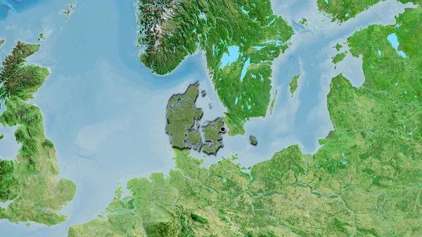 衛星地図上の暗いオーバーレイで強調デンマーク国境地域のクローズアップ 資本ポイント 国の形の縁が隠されている — ストック写真