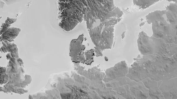 Närbild Danmarks Gränsområde Med Ett Mörkt Överdrag Grå Karta Huvudpunkt — Stockfoto