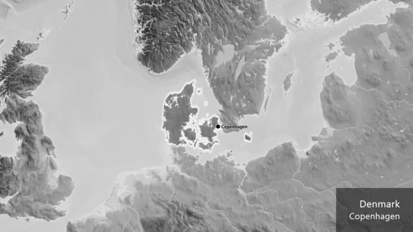 덴마크 지역의 촬영은 그레이 스케일 지도에 어두운 오버레이로 집중되어 국가의 — 스톡 사진