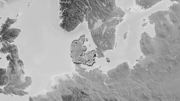 グレースケールの地図上のデンマーク国境地帯の閉鎖 資本ポイント 国の形の縁が隠されている — ストック写真