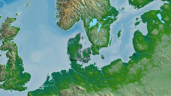 Zbliżenie Duńskiej Strefy Przygranicznej Fizycznej Mapie Główny Punkt Ścinane Krawędzie — Zdjęcie stockowe