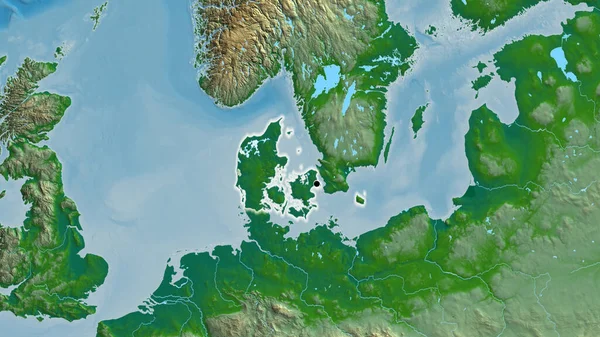 Aproximação Zona Fronteiriça Dinamarca Num Mapa Físico Ponto Capital Brilho — Fotografia de Stock