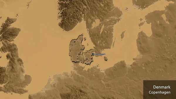 在黑色高地地图上对丹麦边境地区进行的密切监视 资本点 这个国家的边缘呈斜角状 国家及其首都的英文名称 — 图库照片