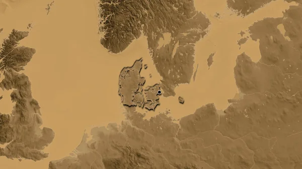Κοντινό Πλάνο Της Παραμεθόριας Περιοχής Της Δανίας Υψομετρικό Χάρτη Σέπια — Φωτογραφία Αρχείου