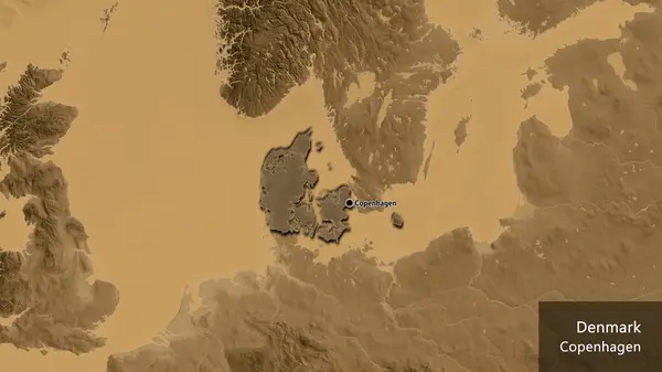 丹麦边境地区的特写镜头 用黑色的阴影覆盖在黑色的高程地图上 资本点 这个国家的边缘呈斜角状 国家及其首都的英文名称 — 图库照片