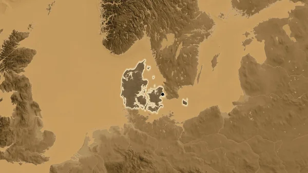 Närbild Danmarks Gränsområde Med Ett Mörkt Överdrag Sepiahöjdskarta Huvudpunkt Glow — Stockfoto