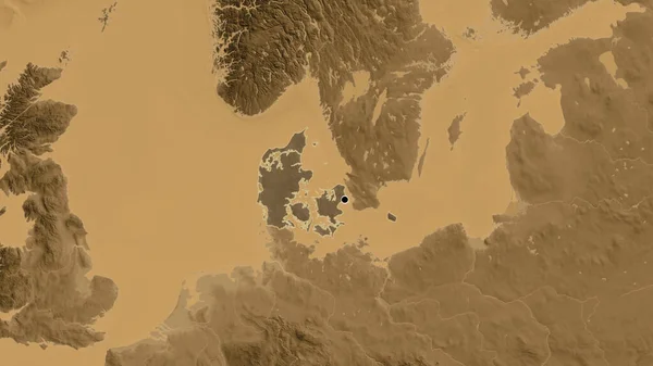 Närbild Danmarks Gränsområde Med Ett Mörkt Överdrag Sepiahöjdskarta Huvudpunkt Skissera — Stockfoto
