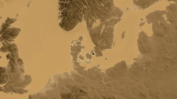 덴마크 지역의 국경을 세피아 Sepia 지도에 것이다 나라의 모양을 둘러싸고 — 스톡 사진