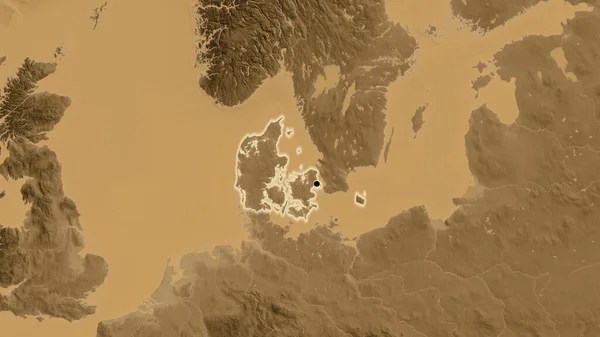 Detailní Záběr Pohraniční Oblasti Dánska Mapě Nadmořské Výšky Sépie Fakt — Stock fotografie