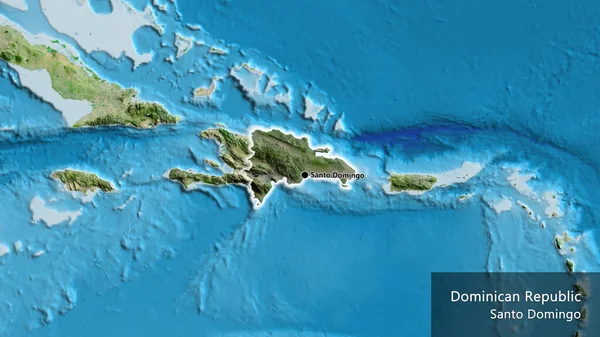 ドミニカ共和国国境地域のクローズアップは 衛星地図上の暗いオーバーレイで強調しています 資本ポイント 国の形の周りに光る 英名国とその首都 — ストック写真