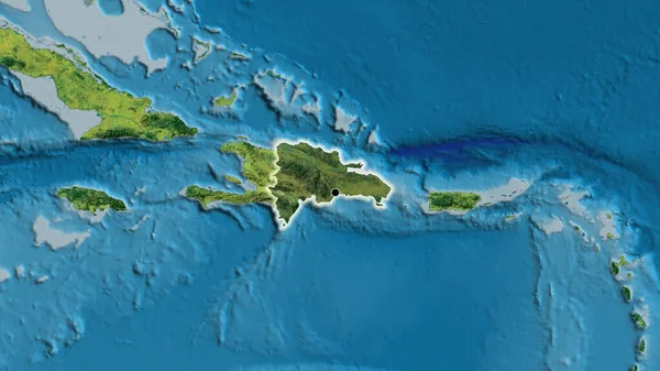 ドミニカ共和国国境地域のクローズアップは 地形図の暗いオーバーレイで強調表示されます 資本ポイント 全国に光る — ストック写真