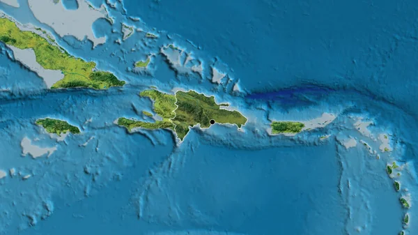 ドミニカ共和国国境地域のクローズアップは 地形図の暗いオーバーレイで強調表示されます 資本ポイント 全国の概要 — ストック写真