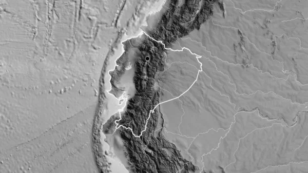 Ekvador sınır bölgesinin yakın plan görüntüsü gri tonlu bir haritada. Ana nokta. Ülke şekli etrafında özet geç. 