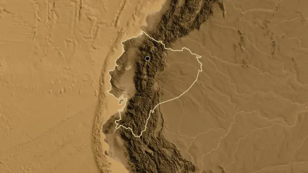 Närbild Ecuador Gränsområde Sepia Höjd Karta Huvudpunkt Skissera Runt Landet — Stockfoto