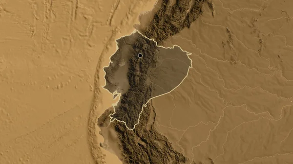 Närbild Ecuadors Gränsområde Som Belyser Med Ett Mörkt Överdrag Sepiahöjdskarta — Stockfoto