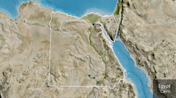 在卫星地图上对埃及边境地区进行的密切监视 资本点 概略地描述一下国家的面貌 国家及其首都的英文名称 — 图库照片