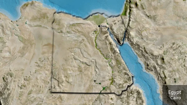 在卫星地图上对埃及边境地区进行的密切监视 资本点 这个国家的边缘呈斜角状 国家及其首都的英文名称 — 图库照片