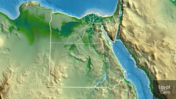 エジプト国境地域とその地域の境界線の物理的な地図上のクローズアップ 資本ポイント 国の形の周りの概要 英名国とその首都 — ストック写真
