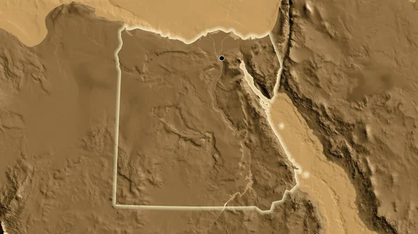 セピア標高マップ上のエジプト国境地域の閉鎖 資本ポイント 全国に光る — ストック写真