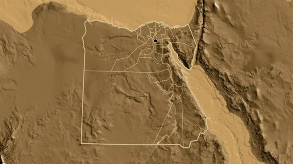 在一张黑色高地地图上对埃及边境地区及其区域边界进行了密切监视 资本点 国家形貌概述 — 图库照片