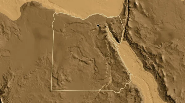 セピア標高マップ上のエジプト国境地域の閉鎖 資本ポイント 全国の概要 — ストック写真