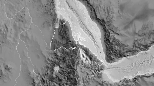 エリトリア国境地域のクローズアップは グレースケールの地図上の暗いオーバーレイで強調しています 資本ポイント 全国の概要 — ストック写真