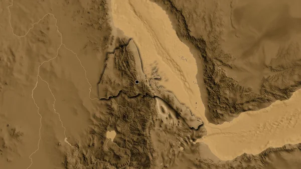 セピア標高地図上のエリトリア国境地域の閉鎖 資本ポイント 国の形の縁が隠されている — ストック写真