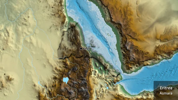 Eritre sınır bölgesinin yakın çekimleri bir yardım haritasında koyu bir örtüyle vurgulanıyor. Ana nokta. Kırsal kesimin kıvrımlı kenarları. Ülkenin ve başkentinin İngilizce adı