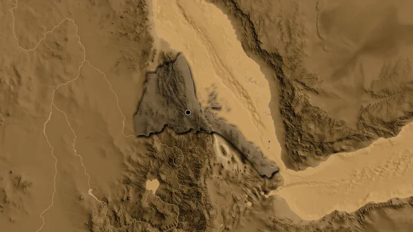 厄立特里亚边境地区的特写镜头 用黑色的阴影覆盖在黑色的高程地图上 资本点 国家形状的斜边 — 图库照片