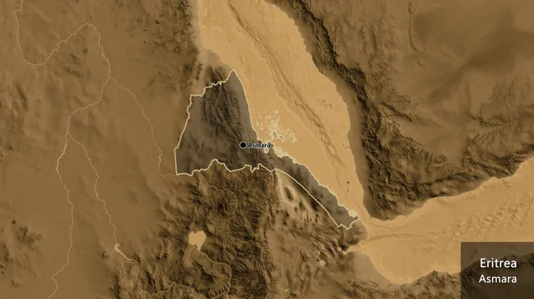 Närbild Eritreas Gränsområde Med Ett Mörkt Överdrag Sepiahöjdskarta Huvudpunkt Runt — Stockfoto