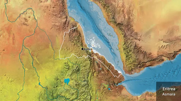 在地形图上对厄立特里亚边境地区进行密切监视 资本点 概略地描述一下国家的面貌 国家及其首都的英文名称 — 图库照片