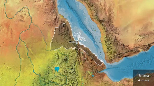 厄立特里亚边境地区的特写镜头 用地形图上的黑暗阴影突出显示出来 资本点 概略地描述一下国家的面貌 国家及其首都的英文名称 — 图库照片