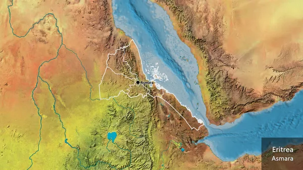 在地形图上对厄立特里亚边境地区及其区域边界进行密切监视 资本点 概略地描述一下国家的面貌 国家及其首都的英文名称 — 图库照片