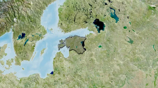 stock image Close-up of the Estonia border area highlighting with a dark overlay on a satellite map. Capital point. Bevelled edges of the country shape. 