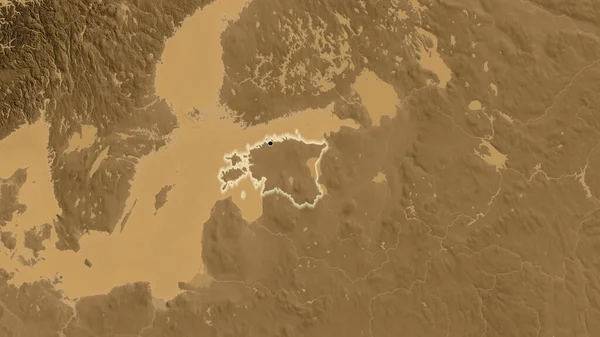 Κοντινό Πλάνο Της Παραμεθόριας Περιοχής Της Εσθονίας Υψομετρικό Χάρτη Σέπια — Φωτογραφία Αρχείου