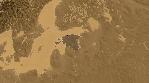 Zbliżenie Estońskiej Strefy Przygranicznej Ciemną Powłoką Mapie Wysokości Sepii Główny — Zdjęcie stockowe