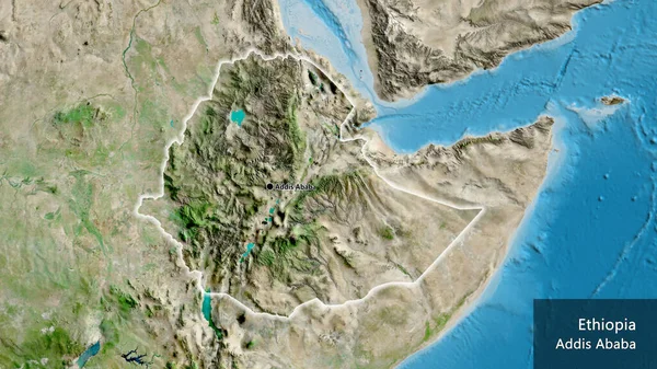 在卫星地图上对埃塞俄比亚边境地区进行了密切监视 资本点 风靡全国各地 国家及其首都的英文名称 — 图库照片